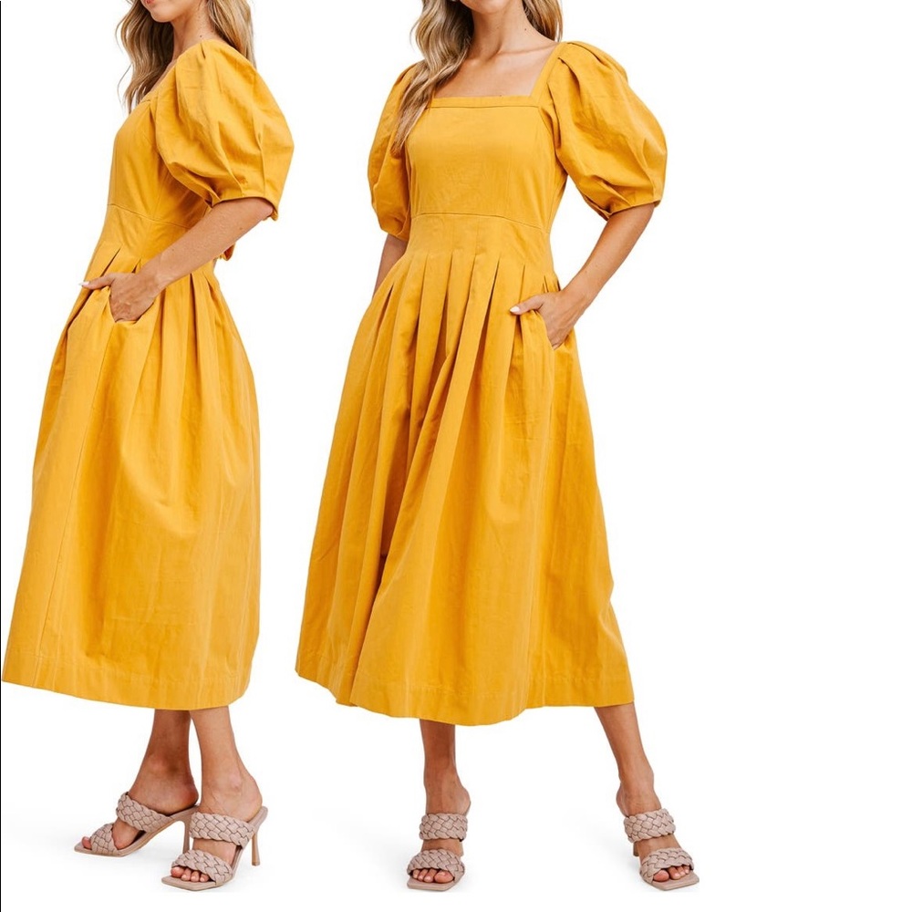 Designer Square Neck Cotton Midi Dress with Puff Sleeves